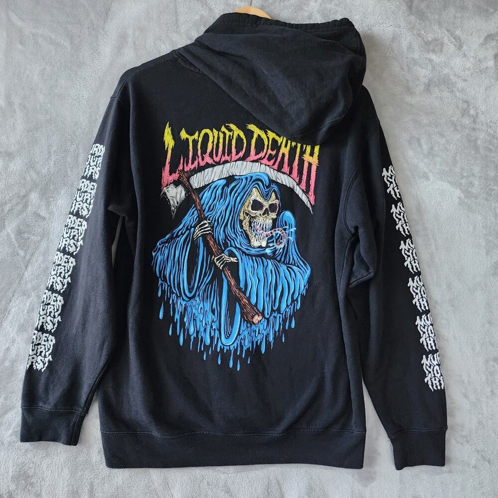 Liquid Death Hoodie Mens Size Small Black Sweatshirt Kangaroo Pocket Grim Reaper